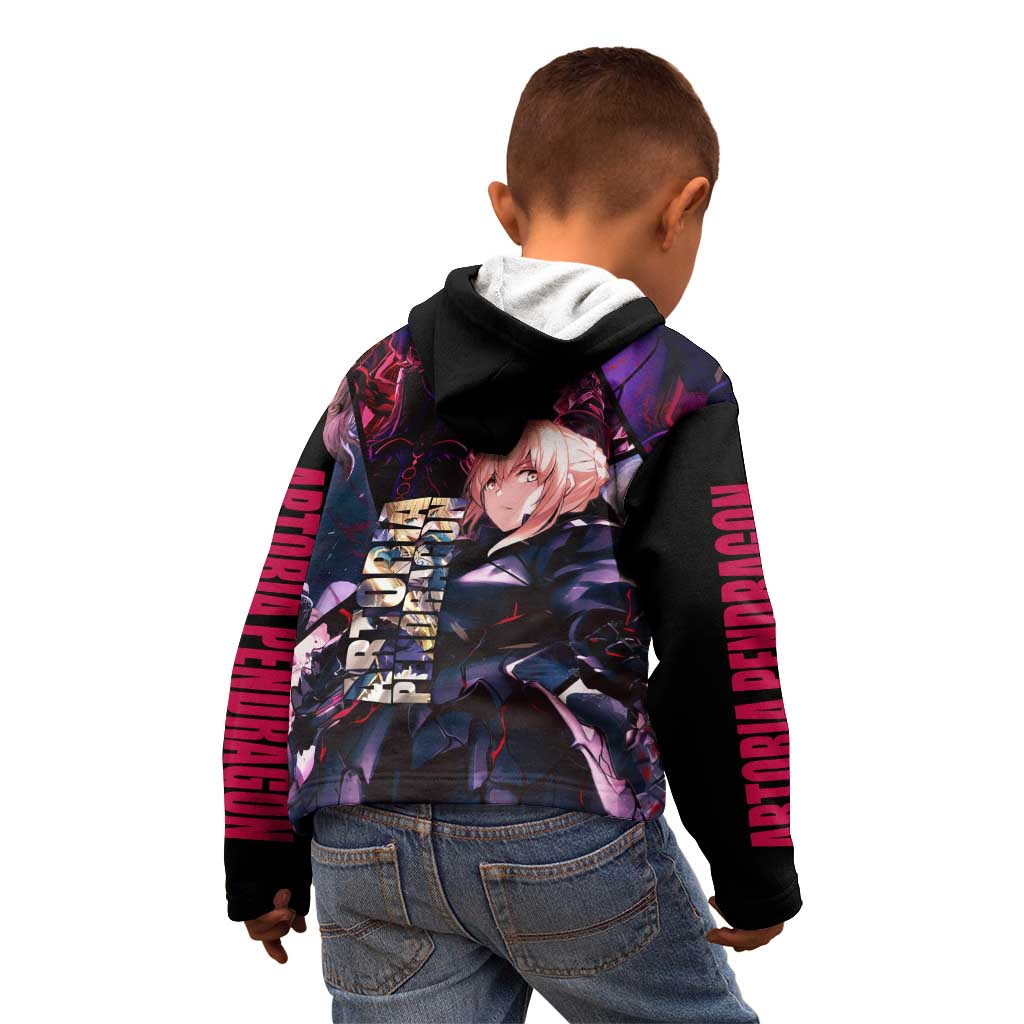 Saber Artoria Pendragon Dark Armor Theme Kid Hoodie with Red and Purple Abstract Background Design - The Mazicc