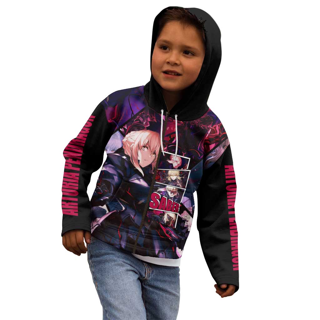 Saber Artoria Pendragon Dark Armor Theme Kid Hoodie with Red and Purple Abstract Background Design - The Mazicc