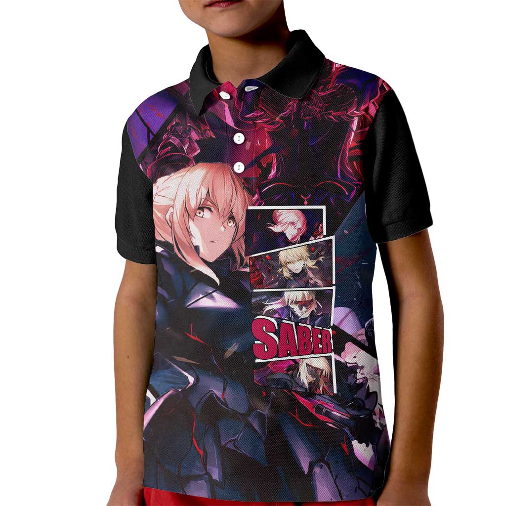 Saber Artoria Pendragon Dark Armor Theme Kid Polo Shirt with Red and Purple Abstract Background Design - The Mazicc