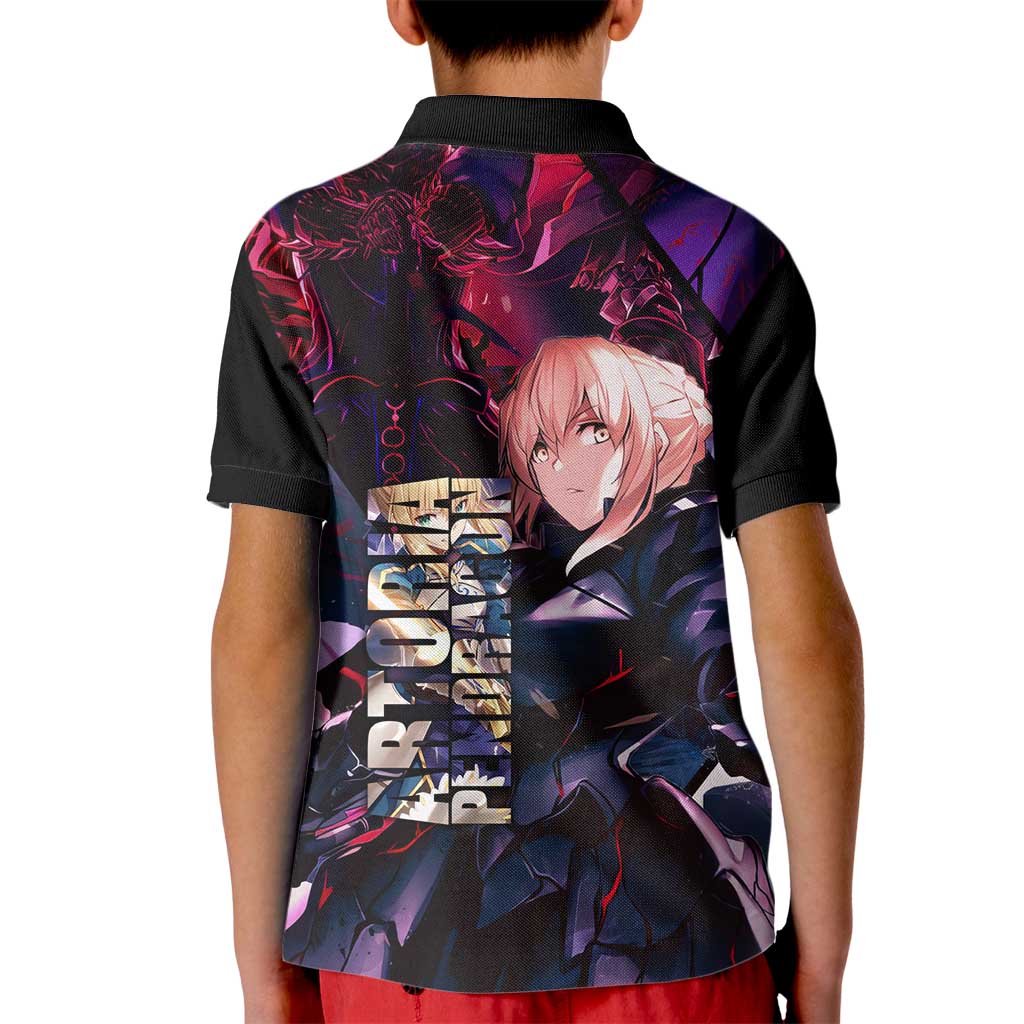 Saber Artoria Pendragon Dark Armor Theme Kid Polo Shirt with Red and Purple Abstract Background Design - The Mazicc