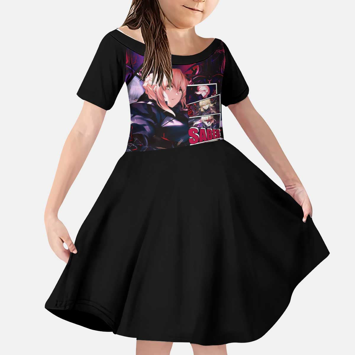 Saber Artoria Pendragon Dark Armor Theme Kid Short Sleeve Dress with Red and Purple Abstract Background Design - The Mazicc