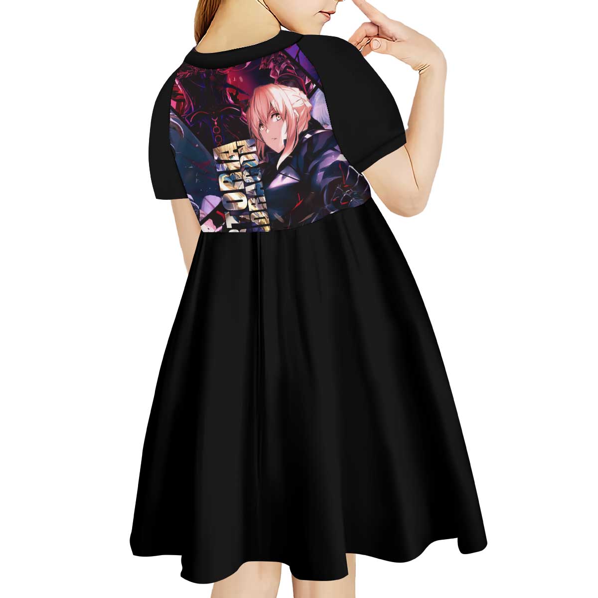 Saber Artoria Pendragon Dark Armor Theme Kid Short Sleeve Dress with Red and Purple Abstract Background Design - The Mazicc