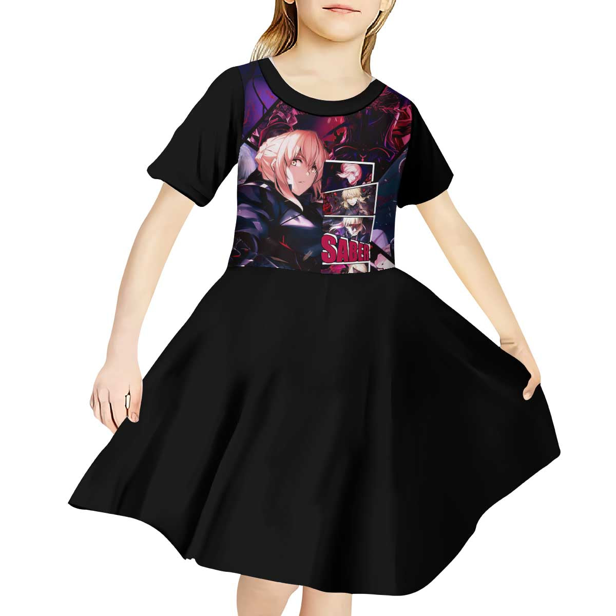 Saber Artoria Pendragon Dark Armor Theme Kid Short Sleeve Dress with Red and Purple Abstract Background Design - The Mazicc