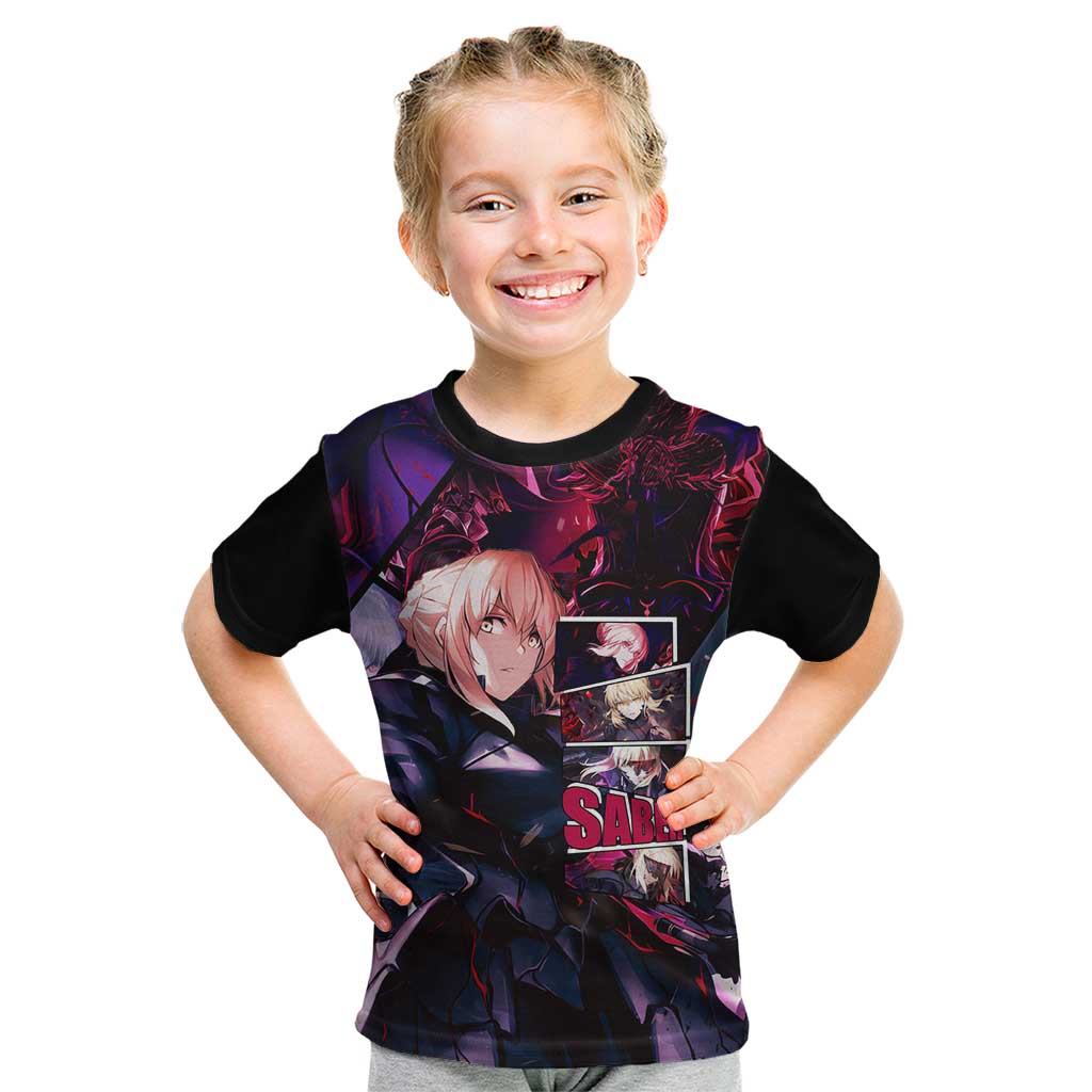 Saber Artoria Pendragon Dark Armor Theme Kid T Shirt with Red and Purple Abstract Background Design - The Mazicc