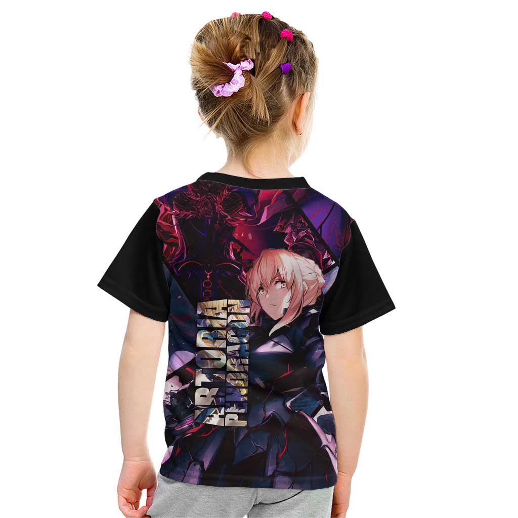 Saber Artoria Pendragon Dark Armor Theme Kid T Shirt with Red and Purple Abstract Background Design - The Mazicc