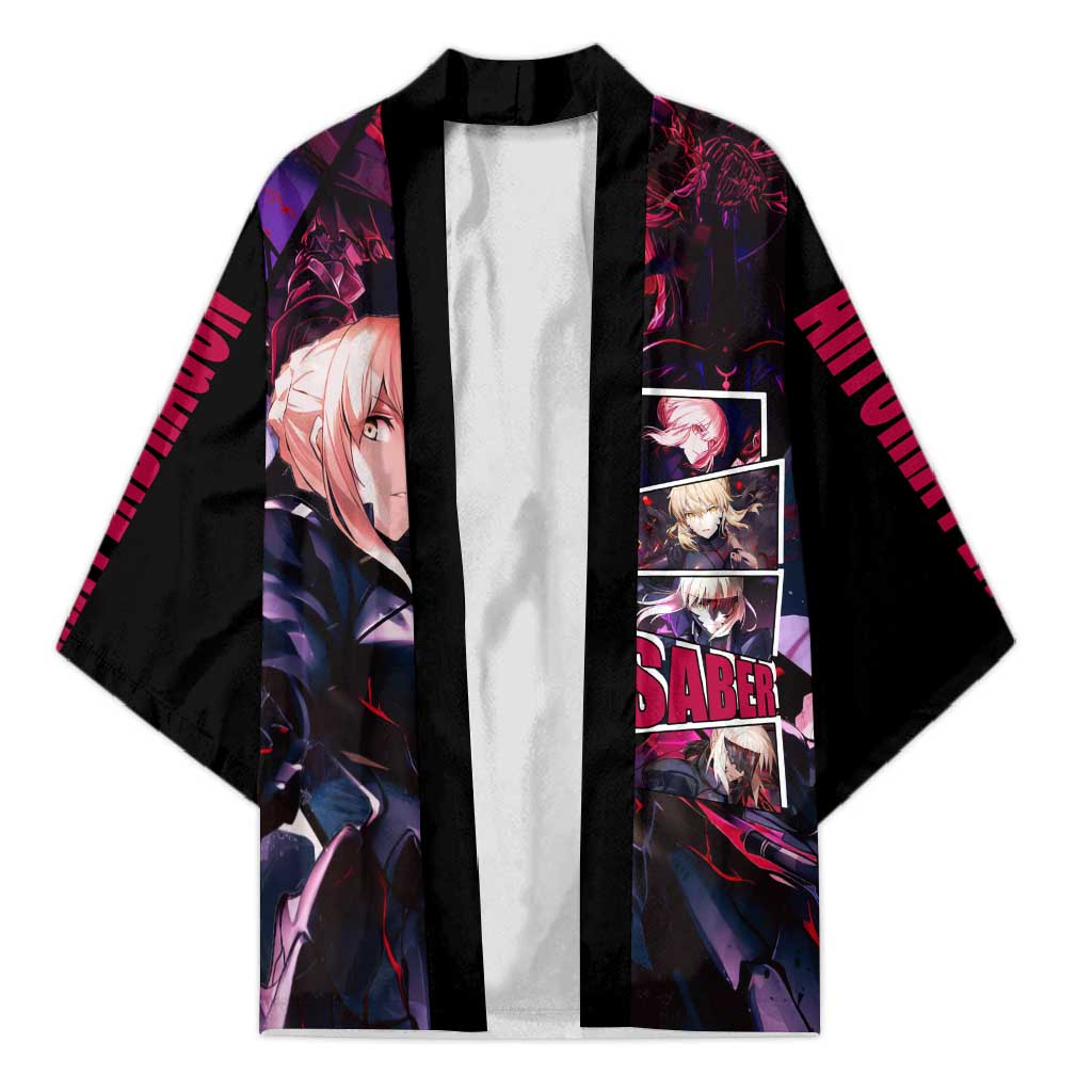 Saber Artoria Pendragon Dark Armor Theme Kimono with Red and Purple Abstract Background Design - The Mazicc