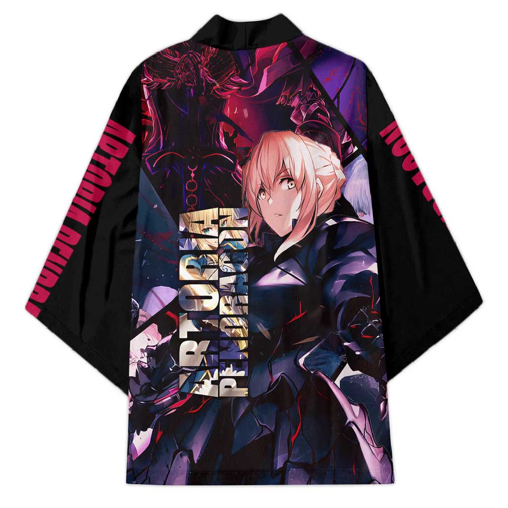 Saber Artoria Pendragon Dark Armor Theme Kimono with Red and Purple Abstract Background Design - The Mazicc