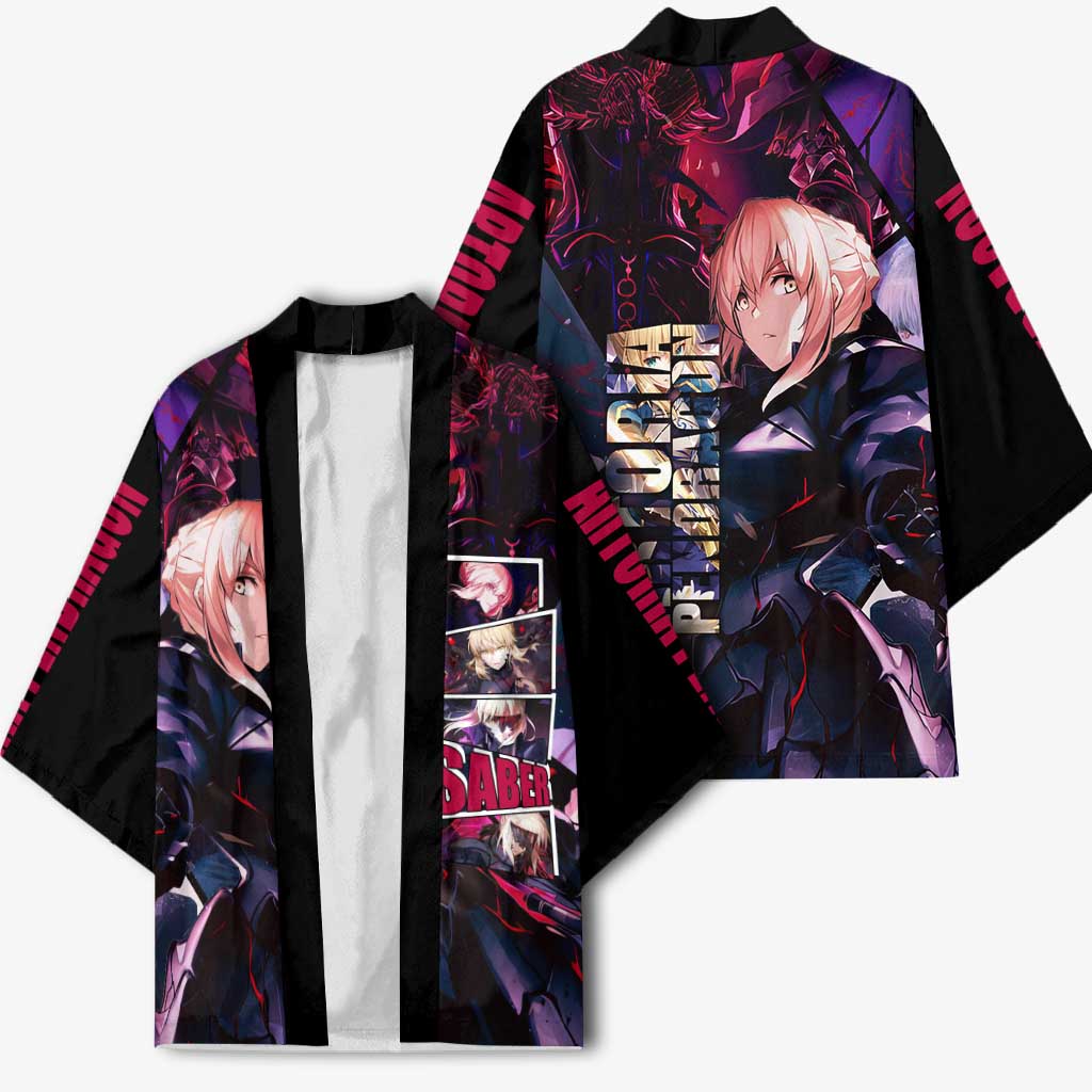 Saber Artoria Pendragon Dark Armor Theme Kimono with Red and Purple Abstract Background Design - The Mazicc