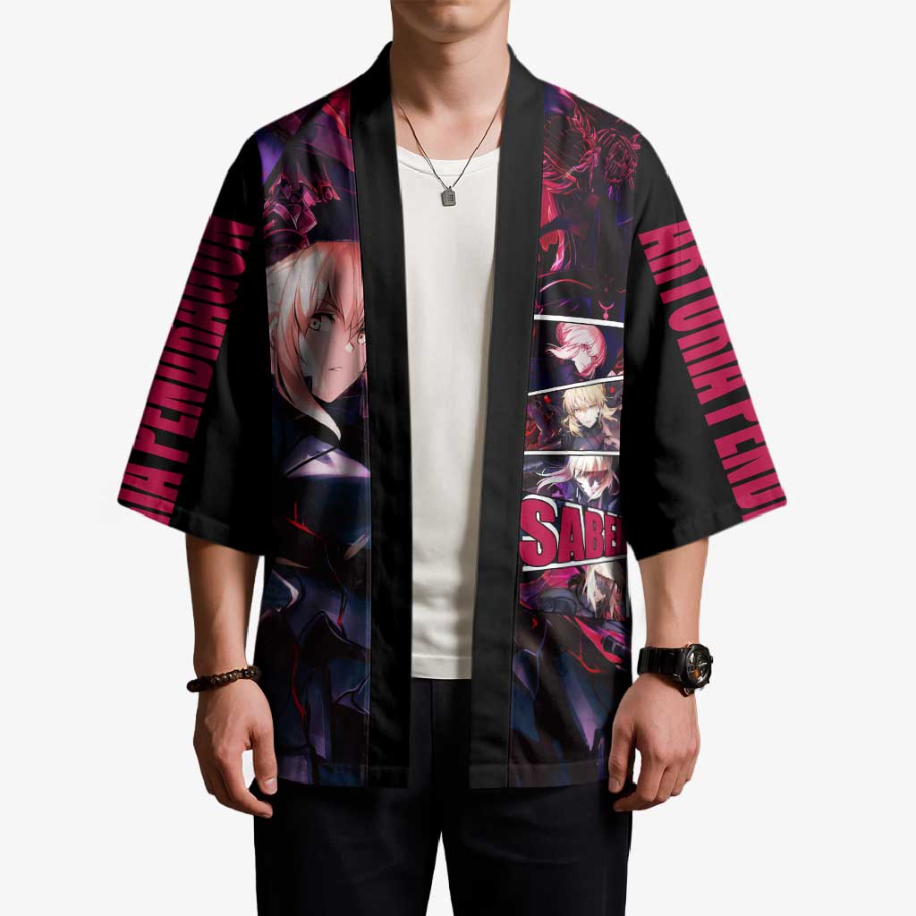 Saber Artoria Pendragon Dark Armor Theme Kimono with Red and Purple Abstract Background Design - The Mazicc
