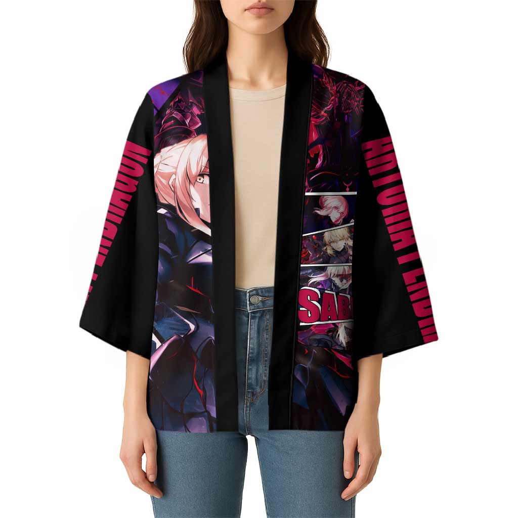 Saber Artoria Pendragon Dark Armor Theme Kimono with Red and Purple Abstract Background Design - The Mazicc