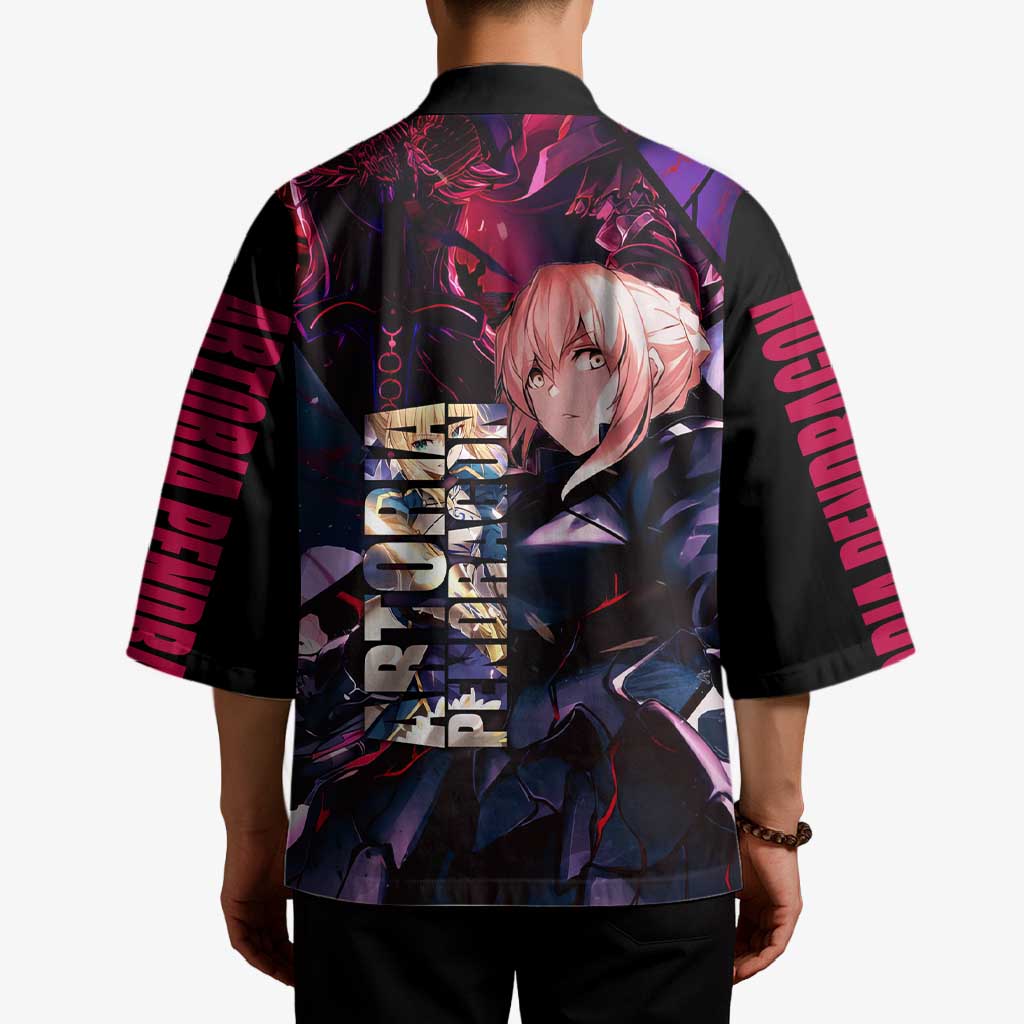 Saber Artoria Pendragon Dark Armor Theme Kimono with Red and Purple Abstract Background Design - The Mazicc