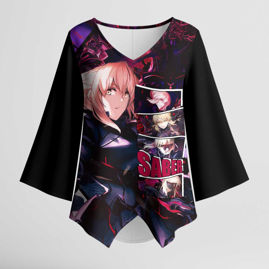 Saber Artoria Pendragon Dark Armor Theme Kimono Sleeve Blouse with Red and Purple Abstract Background Design - The Mazicc