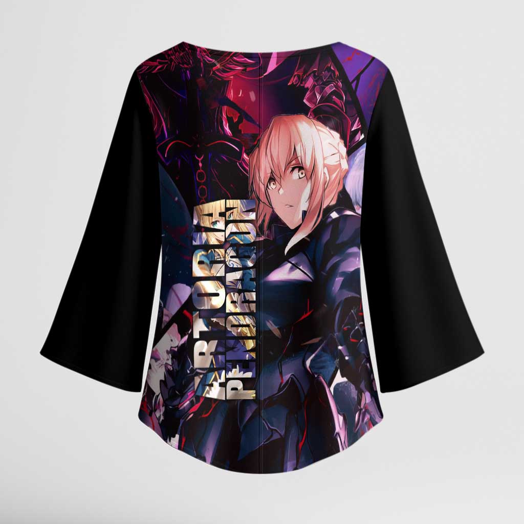 Saber Artoria Pendragon Dark Armor Theme Kimono Sleeve Blouse with Red and Purple Abstract Background Design - The Mazicc