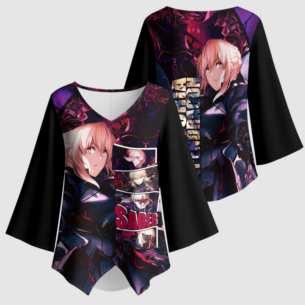 Saber Artoria Pendragon Dark Armor Theme Kimono Sleeve Blouse with Red and Purple Abstract Background Design - The Mazicc