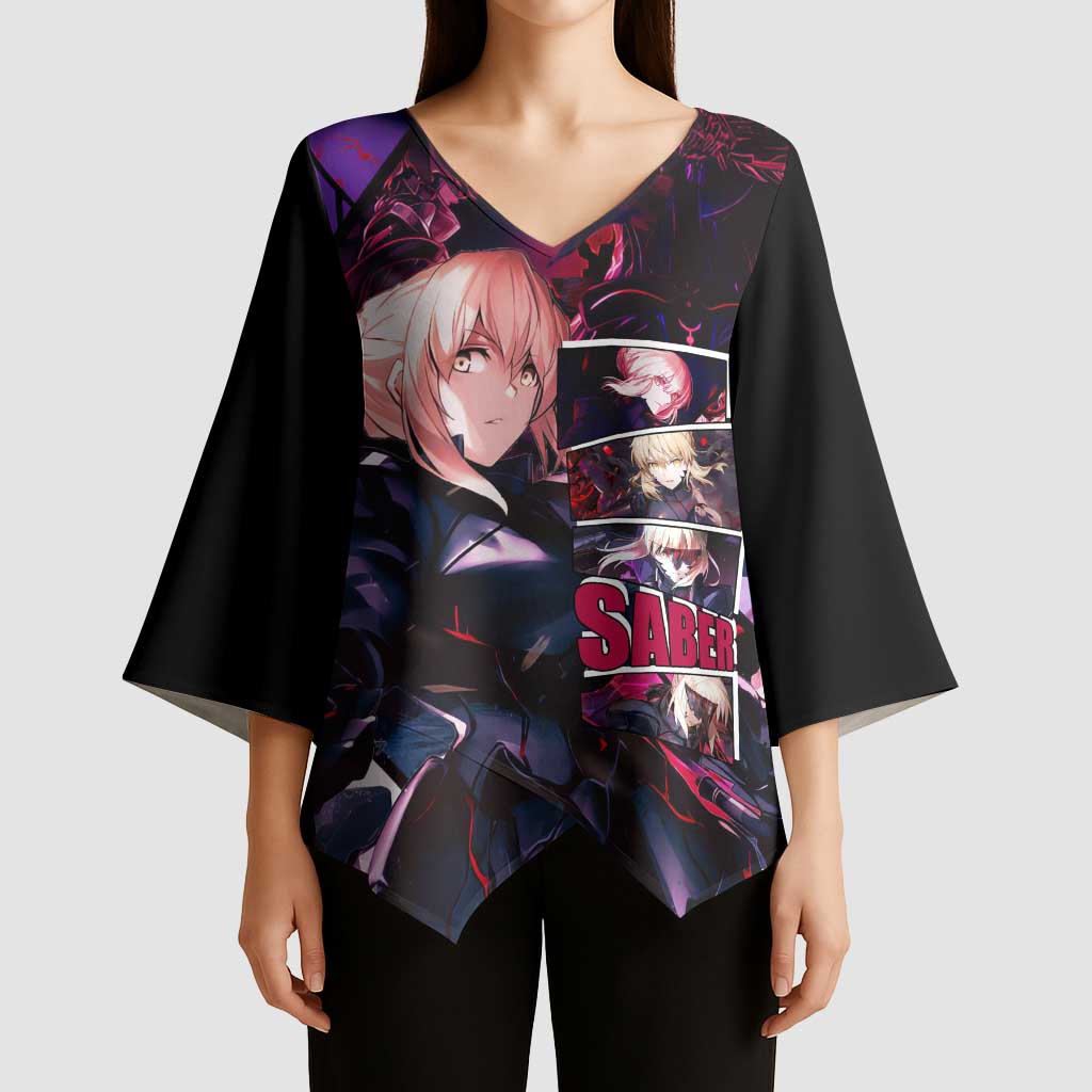 Saber Artoria Pendragon Dark Armor Theme Kimono Sleeve Blouse with Red and Purple Abstract Background Design - The Mazicc