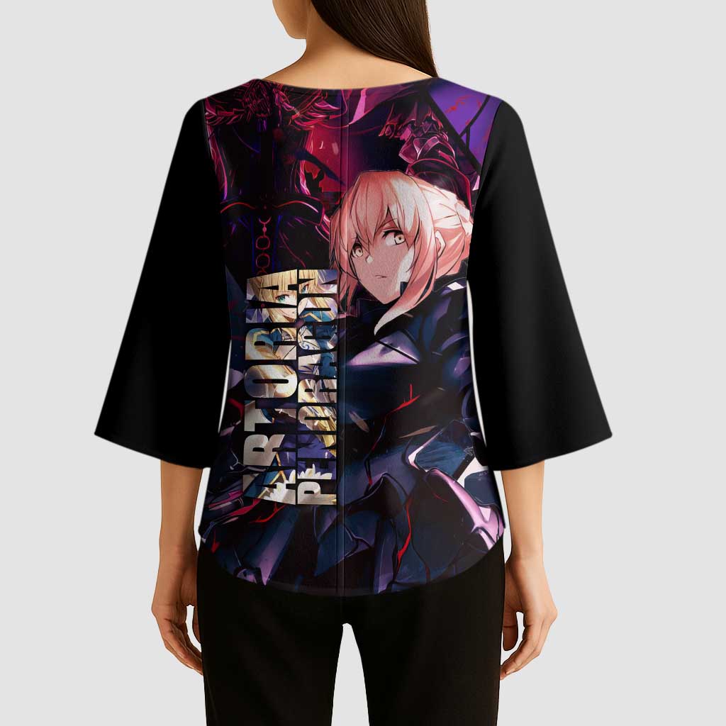 Saber Artoria Pendragon Dark Armor Theme Kimono Sleeve Blouse with Red and Purple Abstract Background Design - The Mazicc