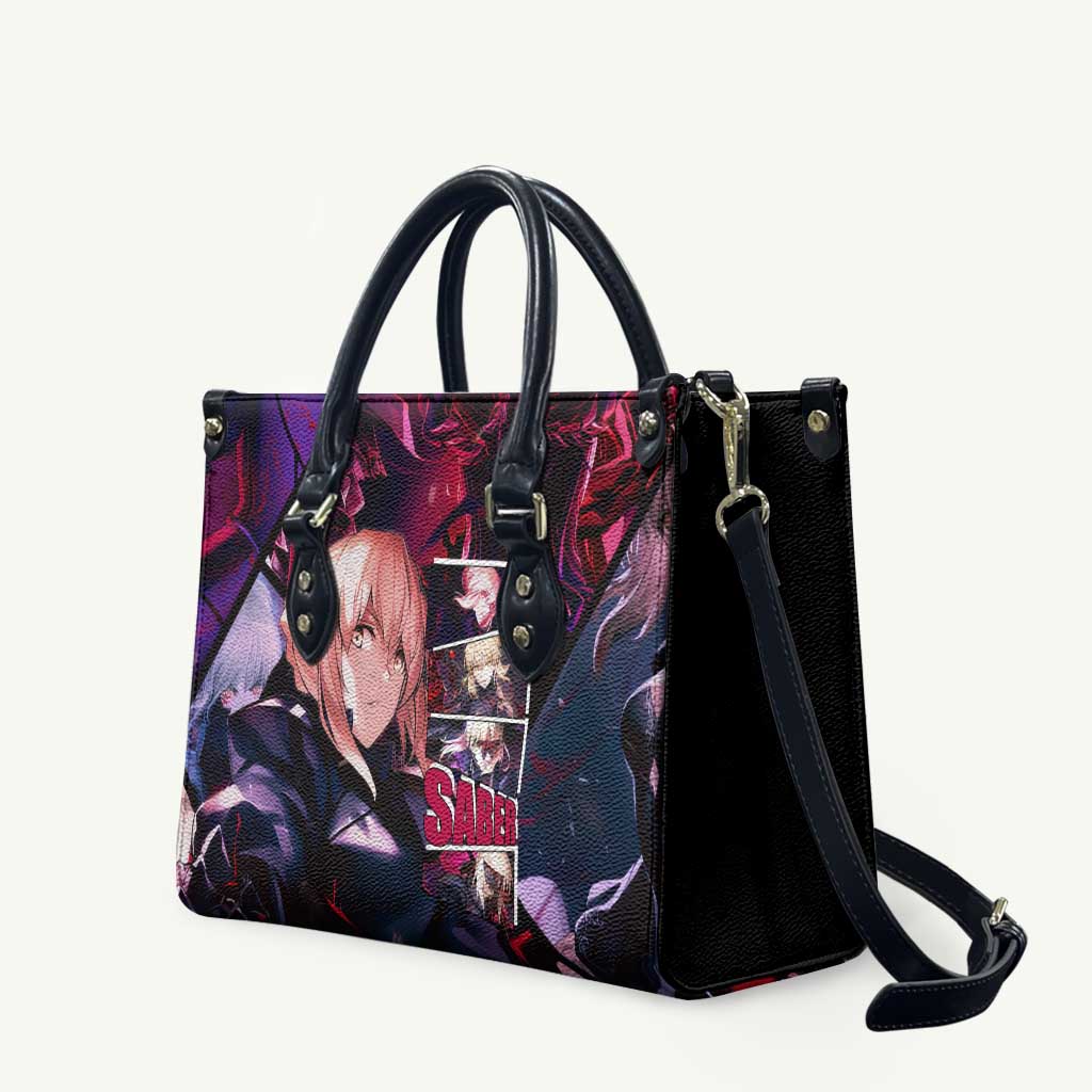 Saber Artoria Pendragon Dark Armor Theme Leather Bag with Red and Purple Abstract Background Design - The Mazicc