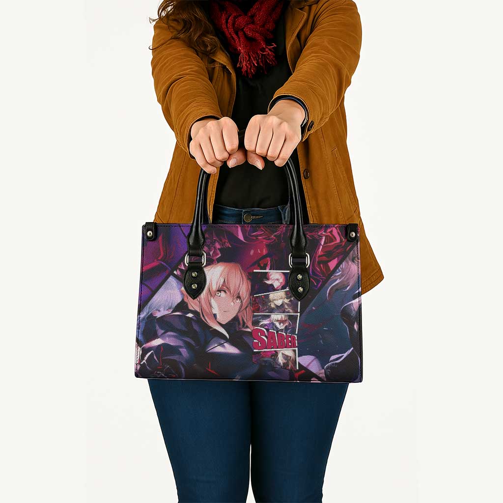 Saber Artoria Pendragon Dark Armor Theme Leather Bag with Red and Purple Abstract Background Design - The Mazicc