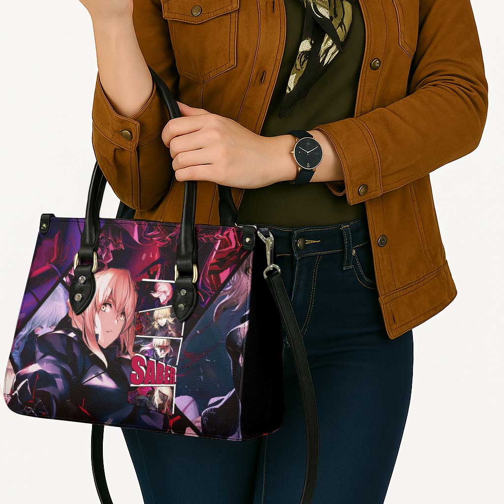 Saber Artoria Pendragon Dark Armor Theme Leather Bag with Red and Purple Abstract Background Design - The Mazicc