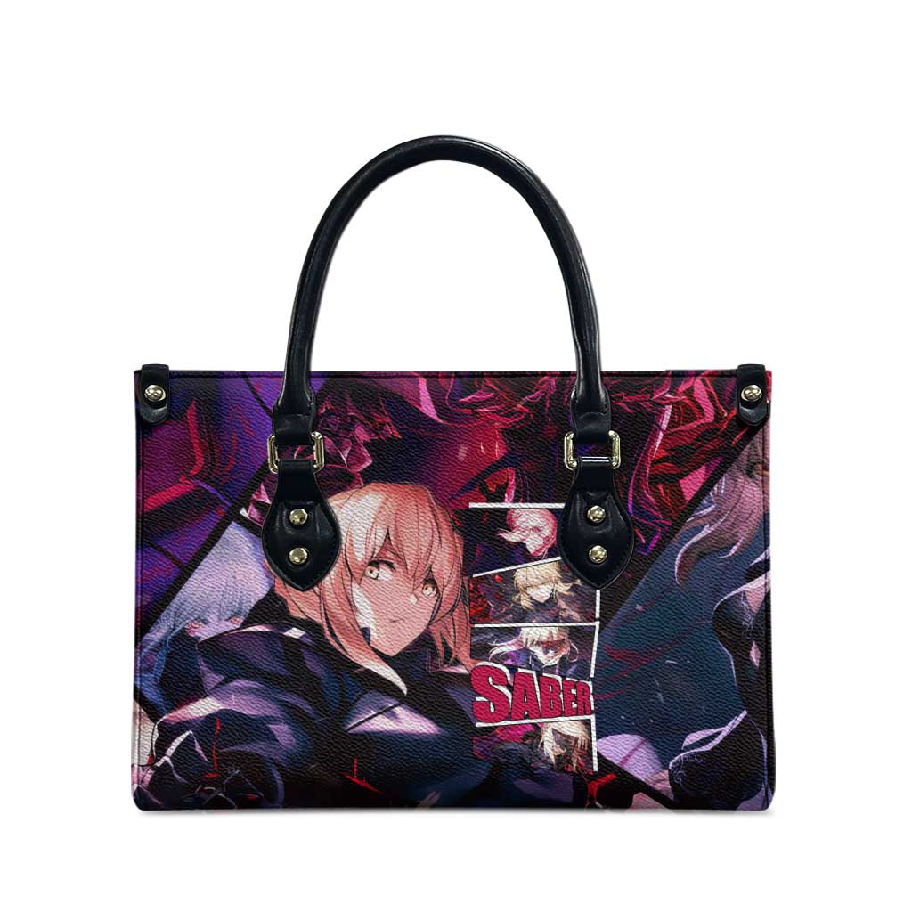 Saber Artoria Pendragon Dark Armor Theme Leather Bag with Red and Purple Abstract Background Design - The Mazicc