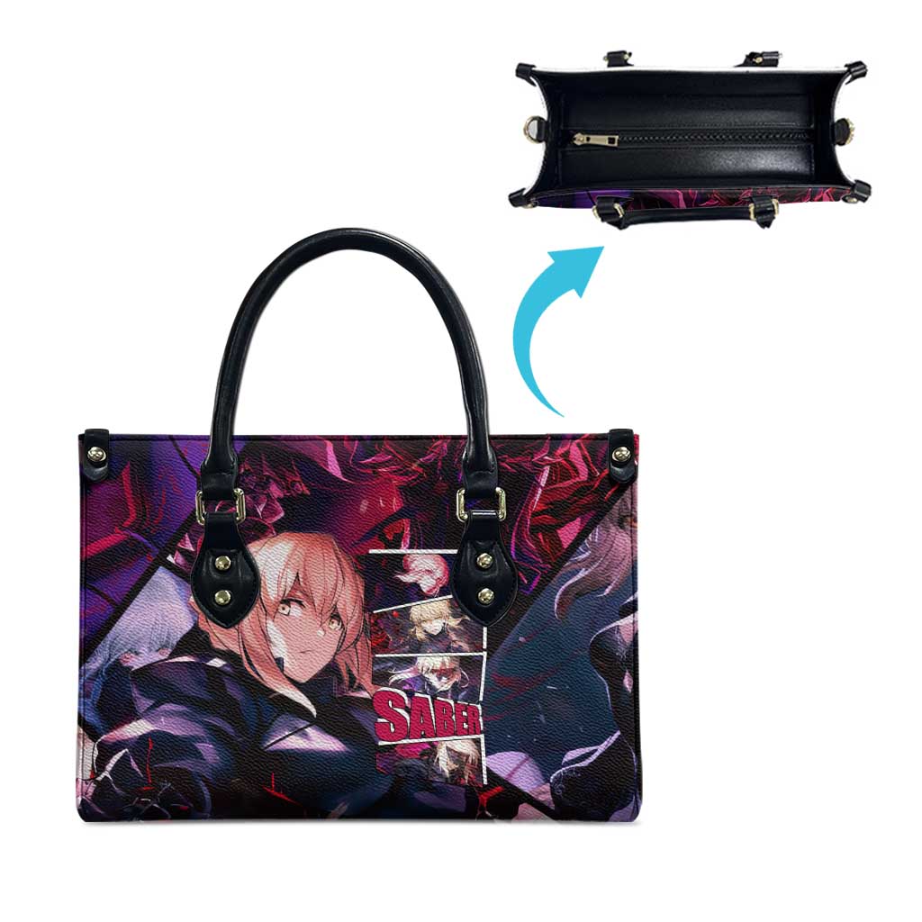 Saber Artoria Pendragon Dark Armor Theme Leather Bag with Red and Purple Abstract Background Design - The Mazicc