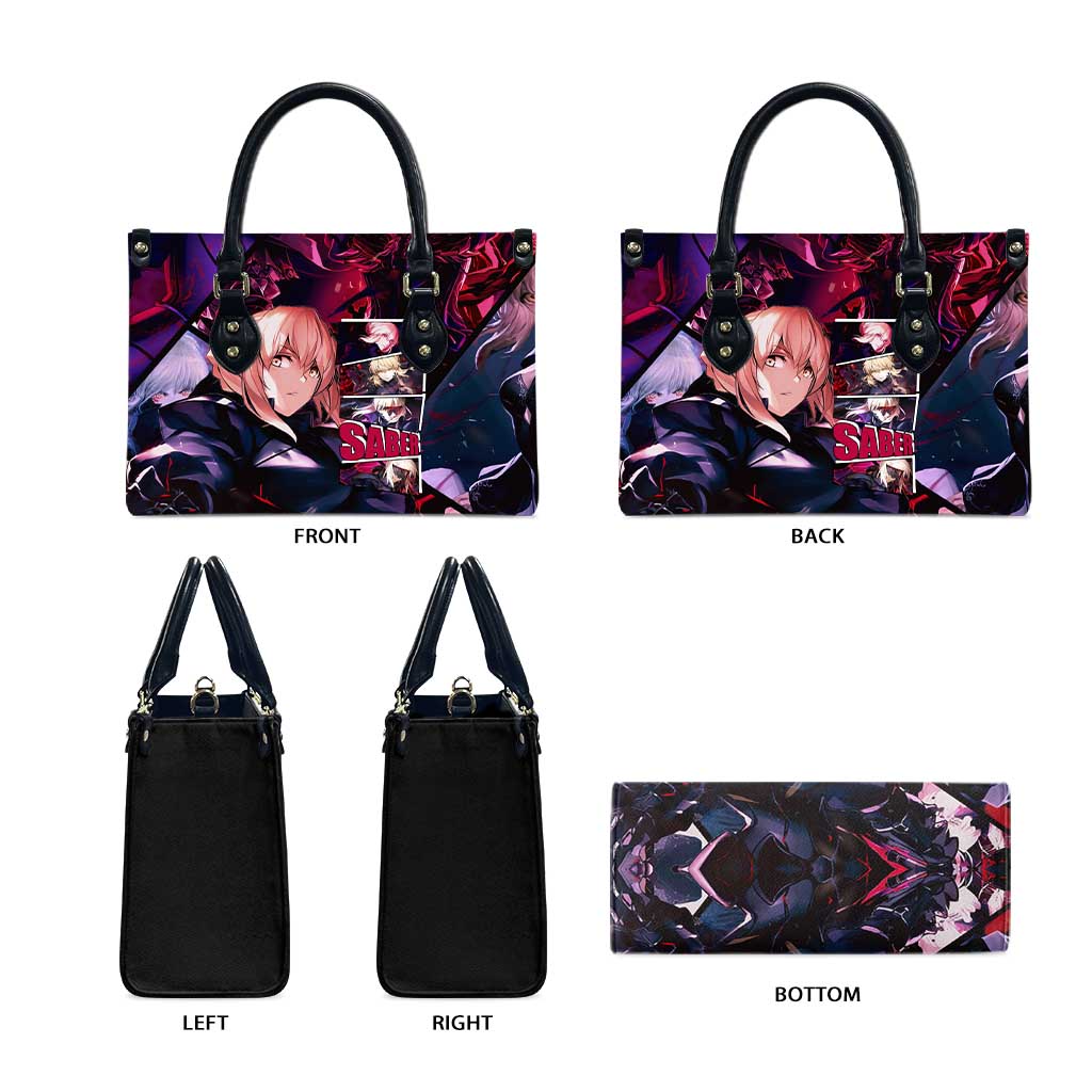 Saber Artoria Pendragon Dark Armor Theme Leather Bag with Red and Purple Abstract Background Design - The Mazicc