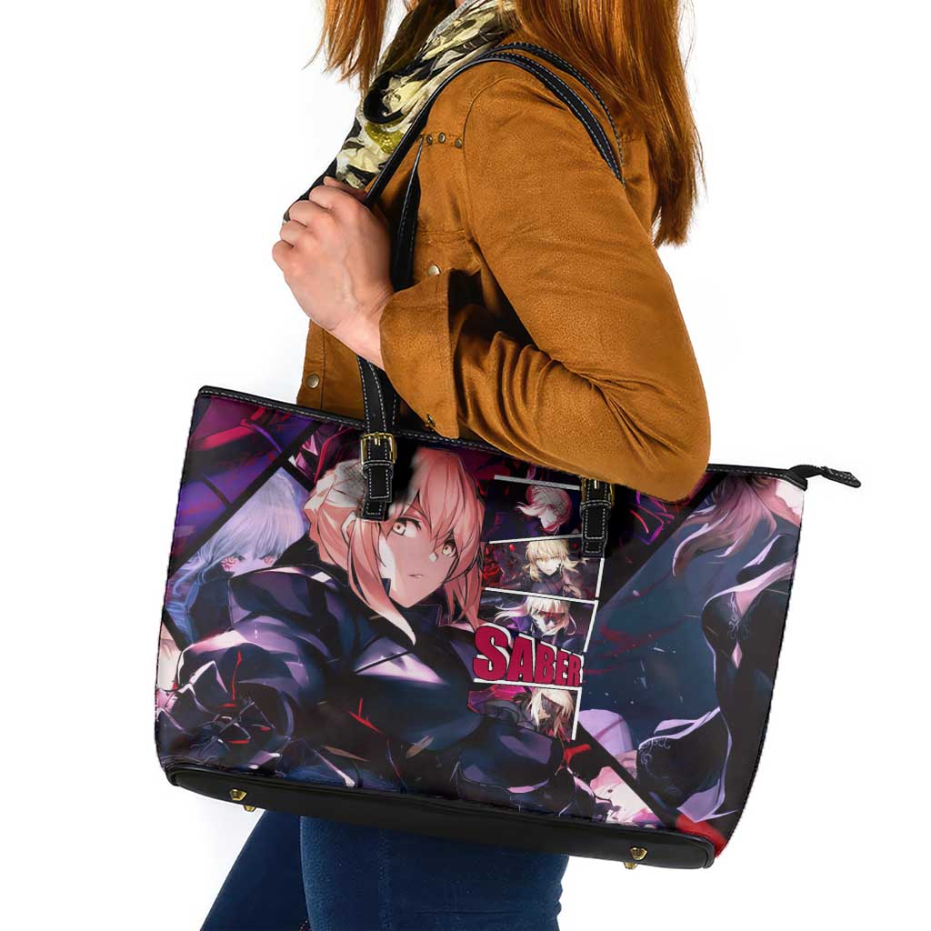 Saber Artoria Pendragon Dark Armor Theme Leather Tote Bag with Red and Purple Abstract Background Design - The Mazicc