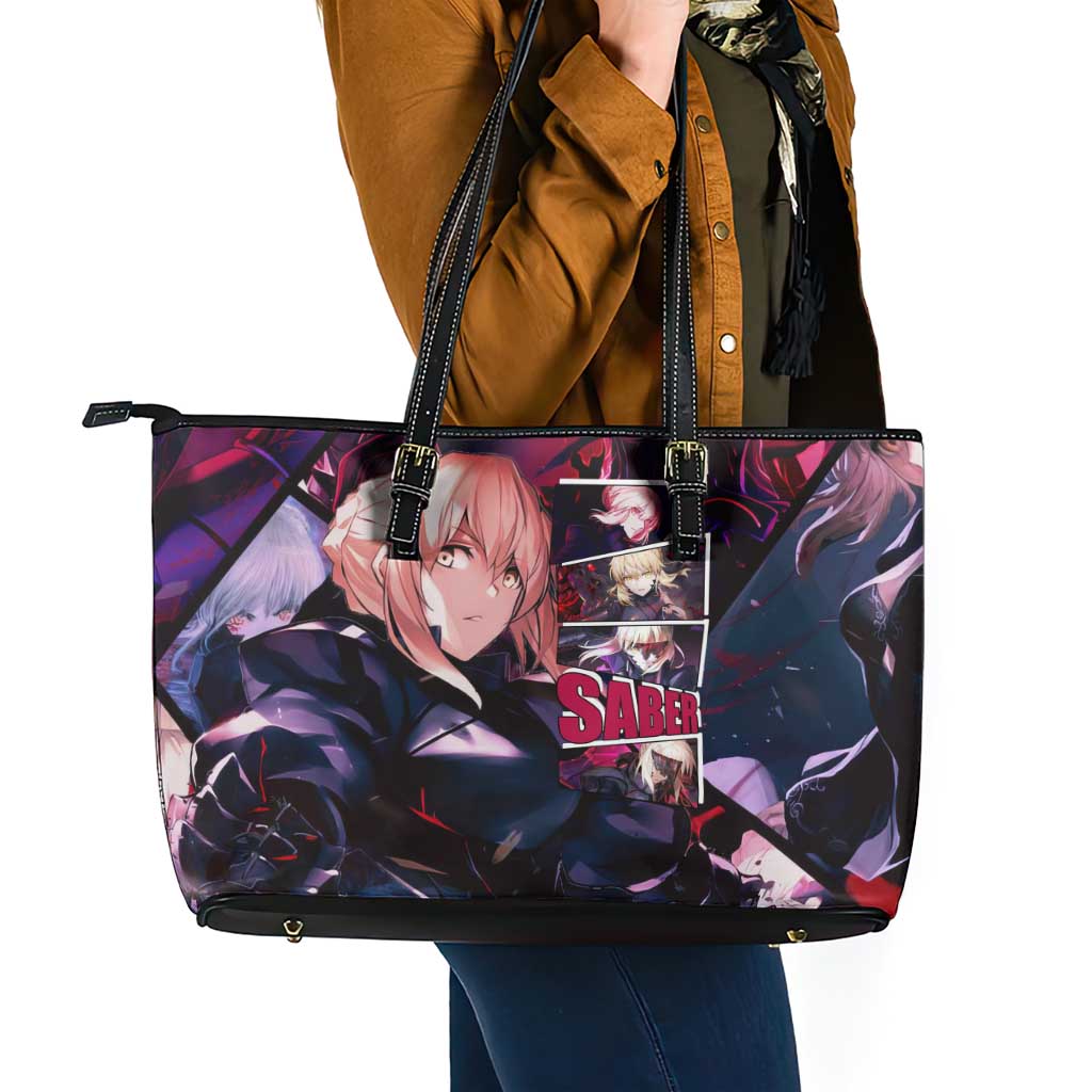 Saber Artoria Pendragon Dark Armor Theme Leather Tote Bag with Red and Purple Abstract Background Design - The Mazicc