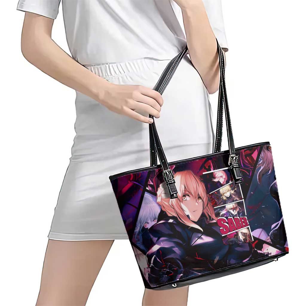 Saber Artoria Pendragon Dark Armor Theme Leather Tote Bag with Red and Purple Abstract Background Design - The Mazicc