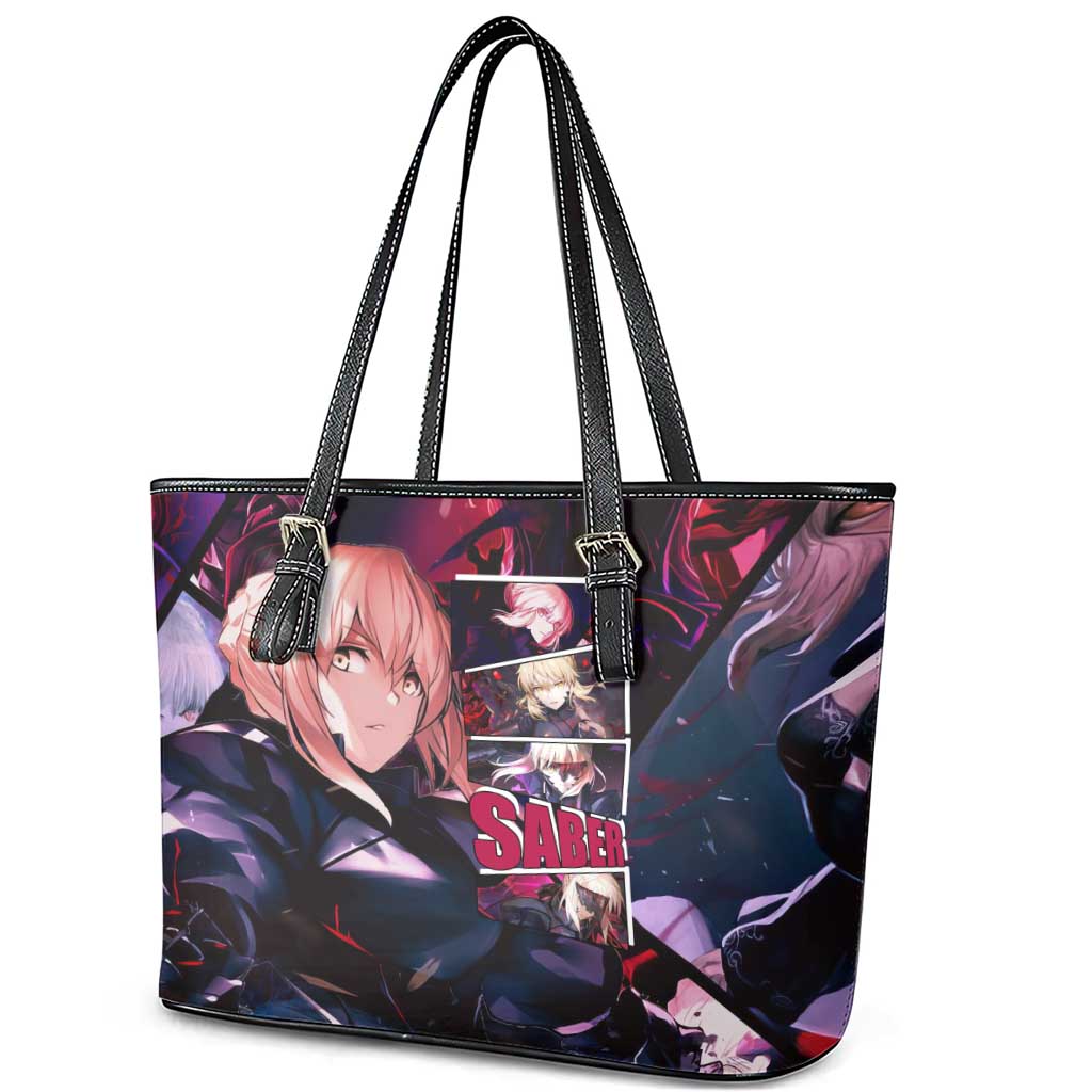 Saber Artoria Pendragon Dark Armor Theme Leather Tote Bag with Red and Purple Abstract Background Design - The Mazicc
