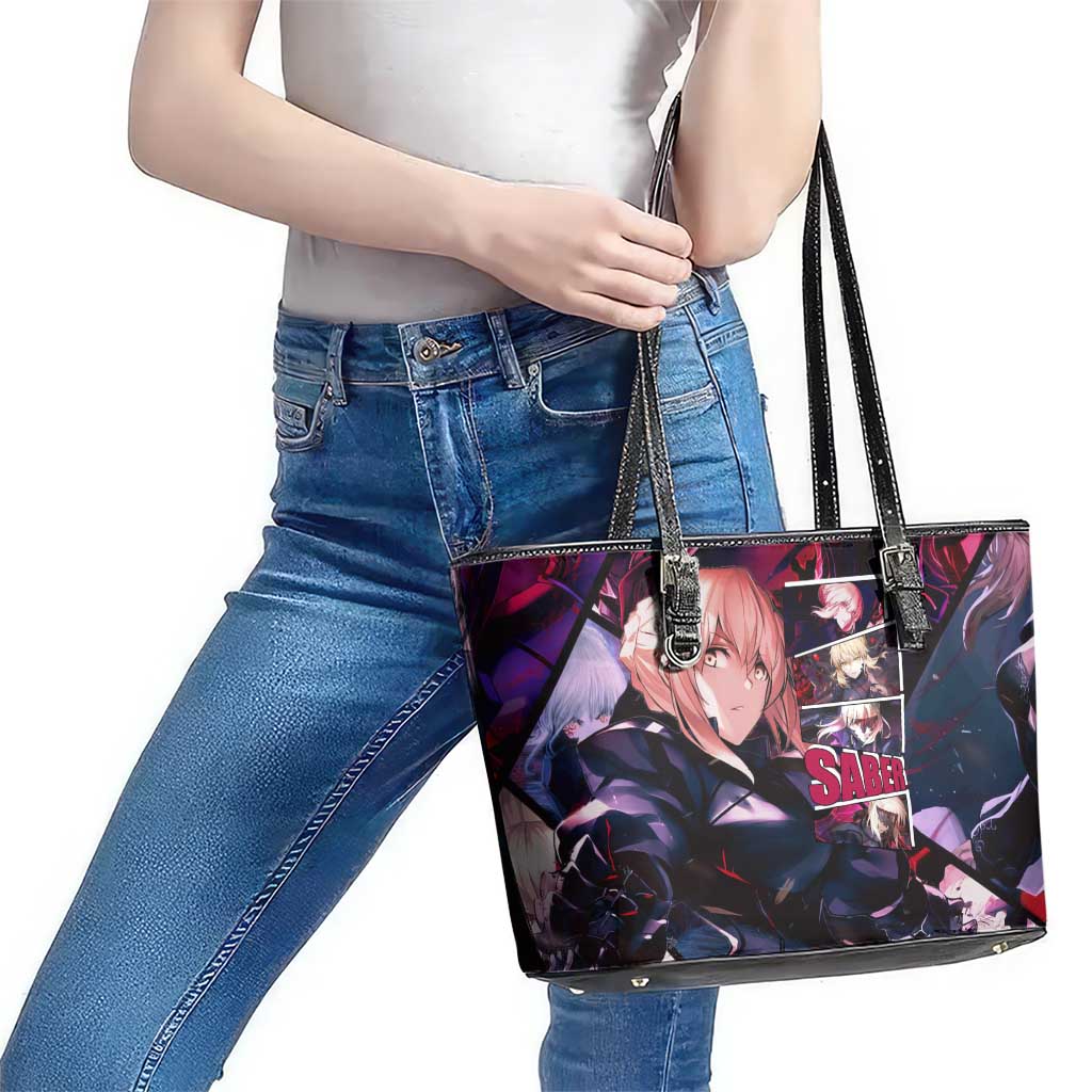 Saber Artoria Pendragon Dark Armor Theme Leather Tote Bag with Red and Purple Abstract Background Design - The Mazicc