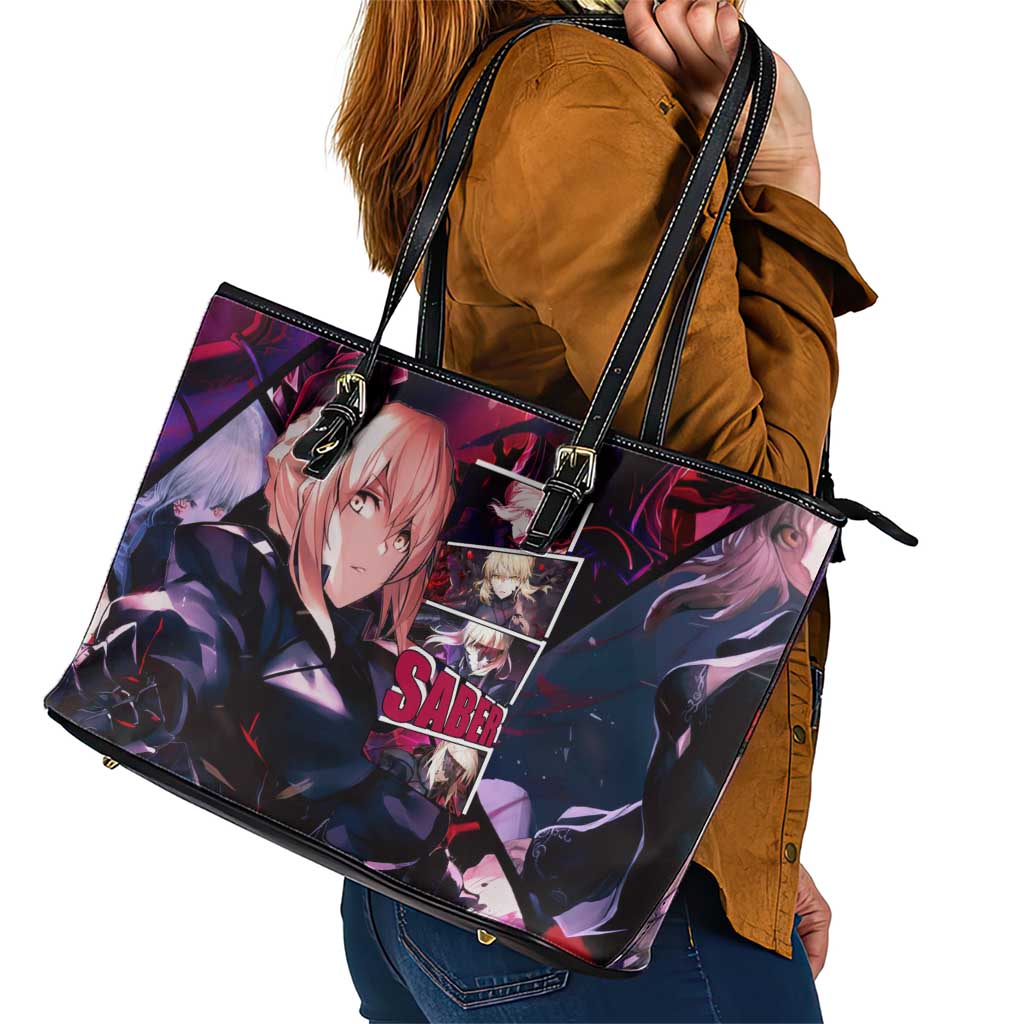 Saber Artoria Pendragon Dark Armor Theme Leather Tote Bag with Red and Purple Abstract Background Design - The Mazicc