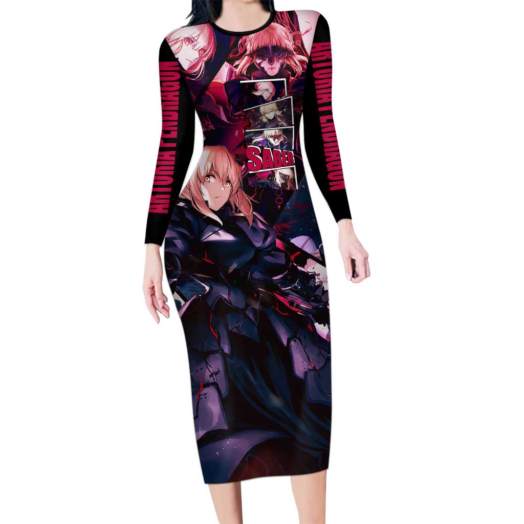 Saber Artoria Pendragon Dark Armor Theme Long Sleeve Bodycon Dress with Red and Purple Abstract Background Design - The Mazicc
