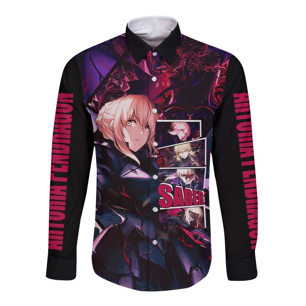 Saber Artoria Pendragon Dark Armor Theme Long Sleeve Button Shirt with Red and Purple Abstract Background Design - The Mazicc