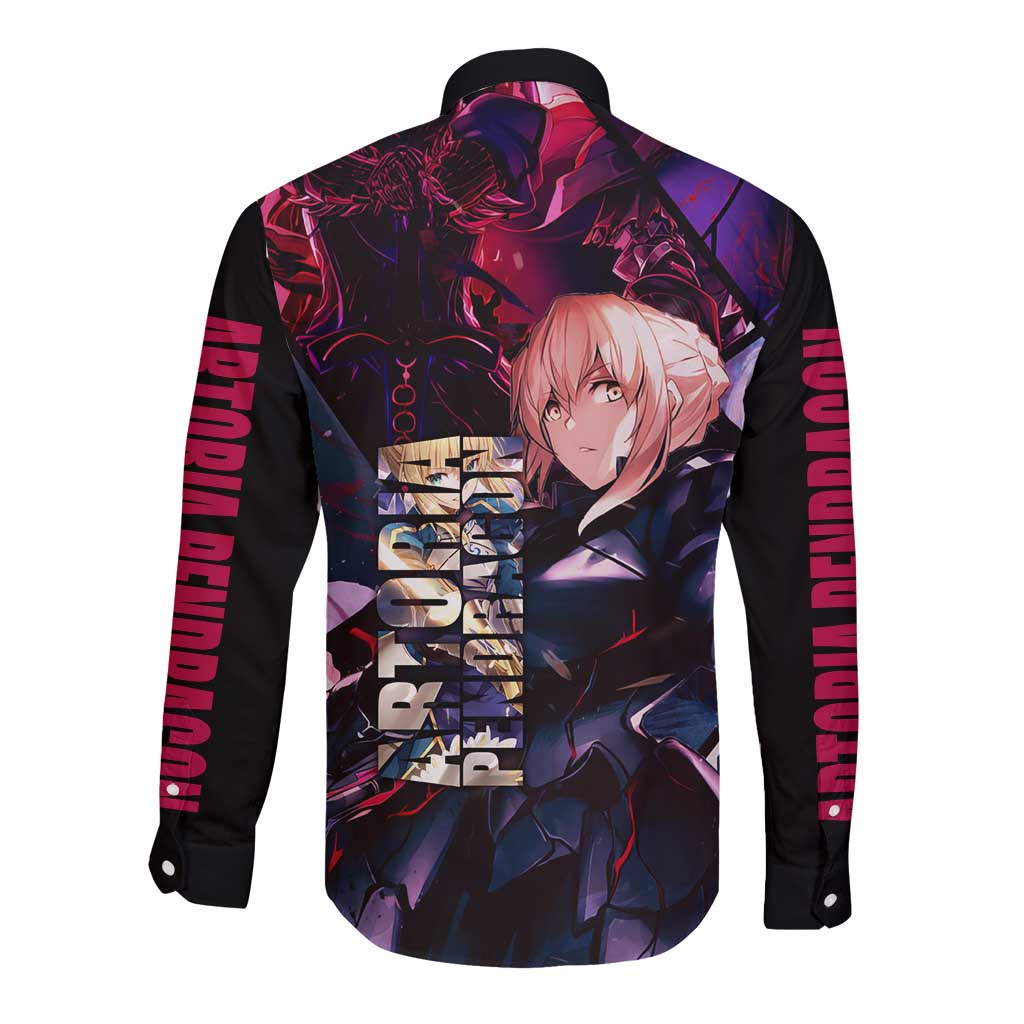 Saber Artoria Pendragon Dark Armor Theme Long Sleeve Button Shirt with Red and Purple Abstract Background Design - The Mazicc