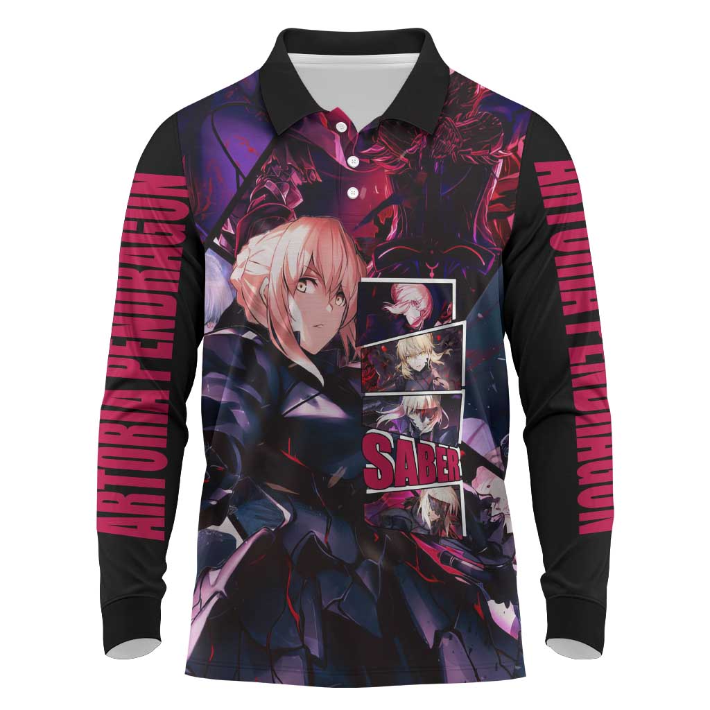 Saber Artoria Pendragon Dark Armor Theme Long Sleeve Polo Shirt with Red and Purple Abstract Background Design - The Mazicc