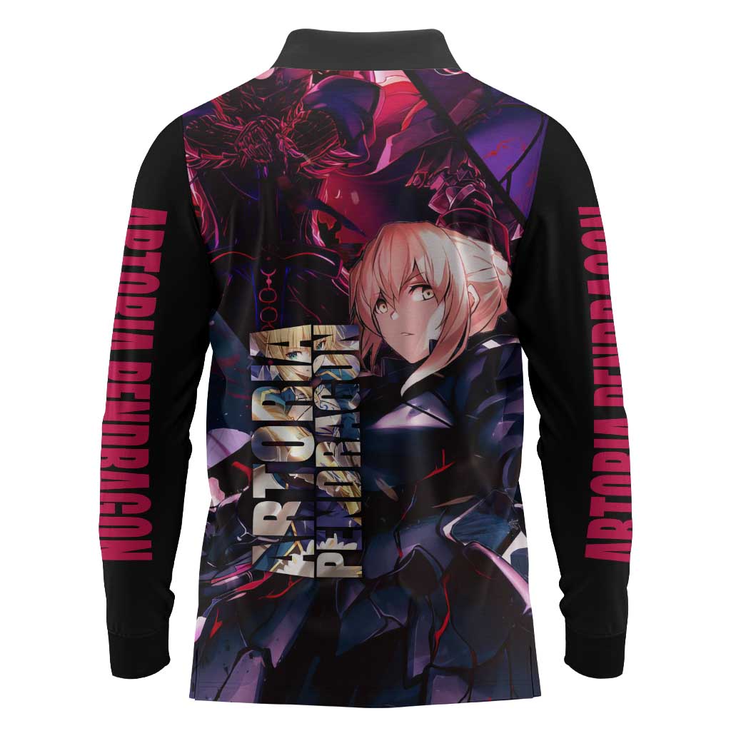 Saber Artoria Pendragon Dark Armor Theme Long Sleeve Polo Shirt with Red and Purple Abstract Background Design - The Mazicc