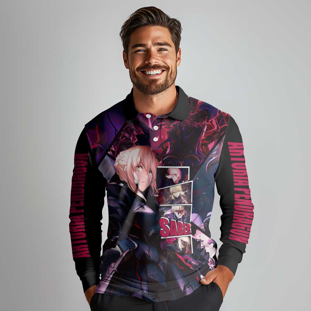 Saber Artoria Pendragon Dark Armor Theme Long Sleeve Polo Shirt with Red and Purple Abstract Background Design - The Mazicc