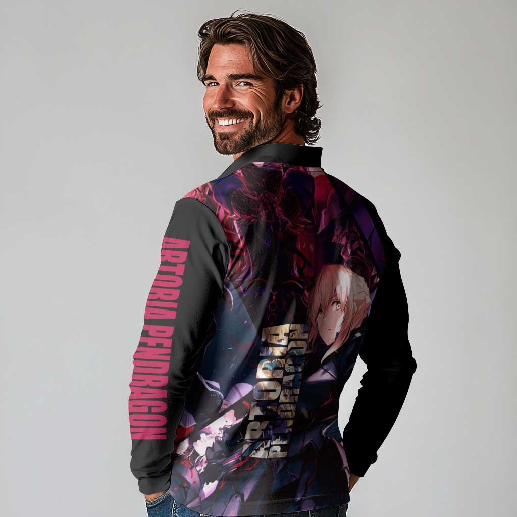Saber Artoria Pendragon Dark Armor Theme Long Sleeve Polo Shirt with Red and Purple Abstract Background Design - The Mazicc
