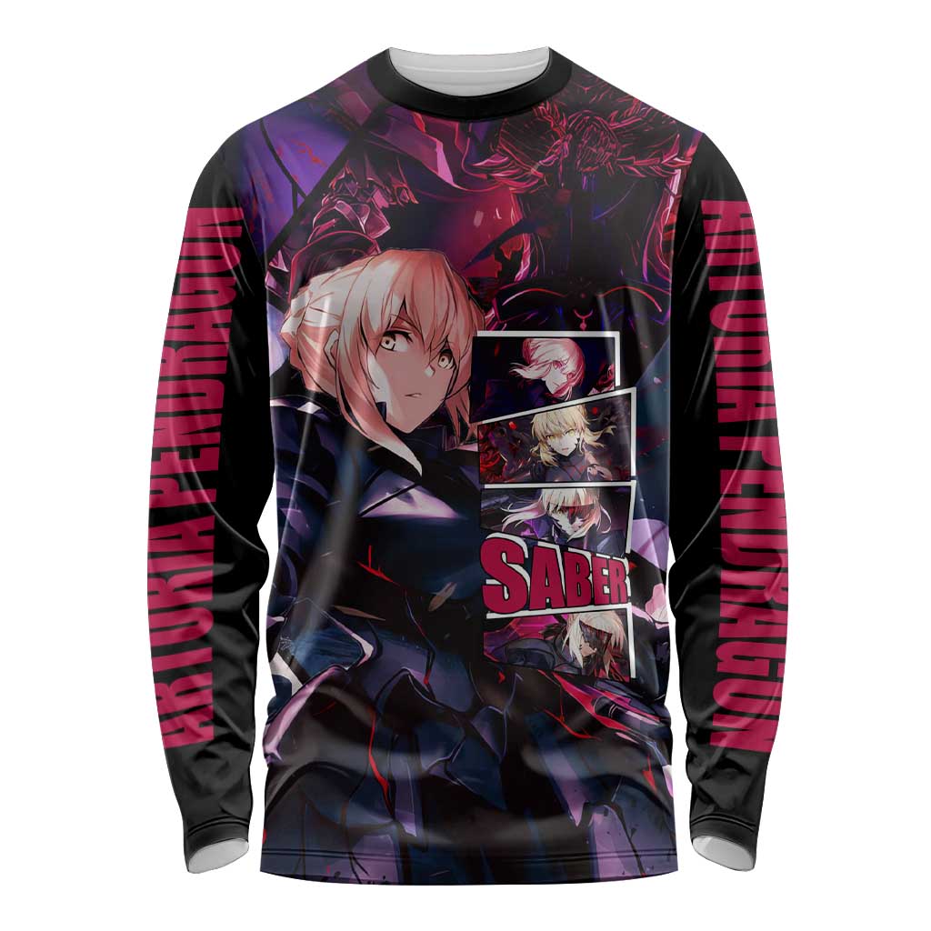 Saber Artoria Pendragon Dark Armor Theme Long Sleeve Shirt with Red and Purple Abstract Background Design - The Mazicc