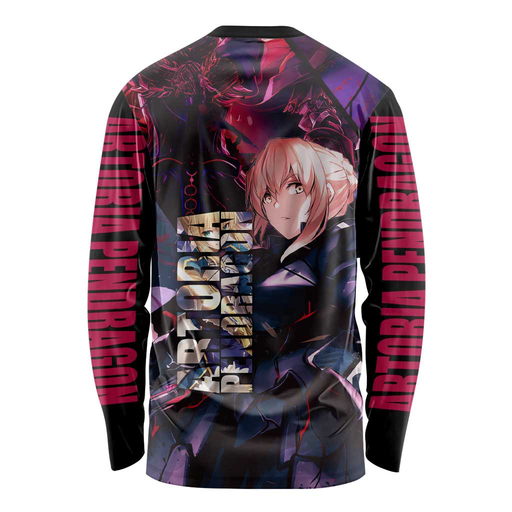 Saber Artoria Pendragon Dark Armor Theme Long Sleeve Shirt with Red and Purple Abstract Background Design - The Mazicc