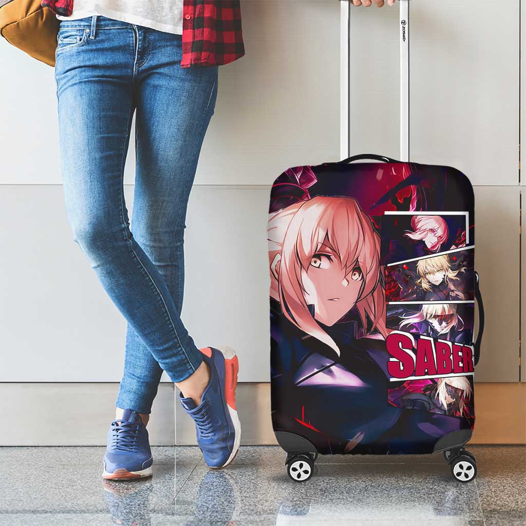 Saber Artoria Pendragon Dark Armor Theme Luggage Cover with Red and Purple Abstract Background Design - The Mazicc