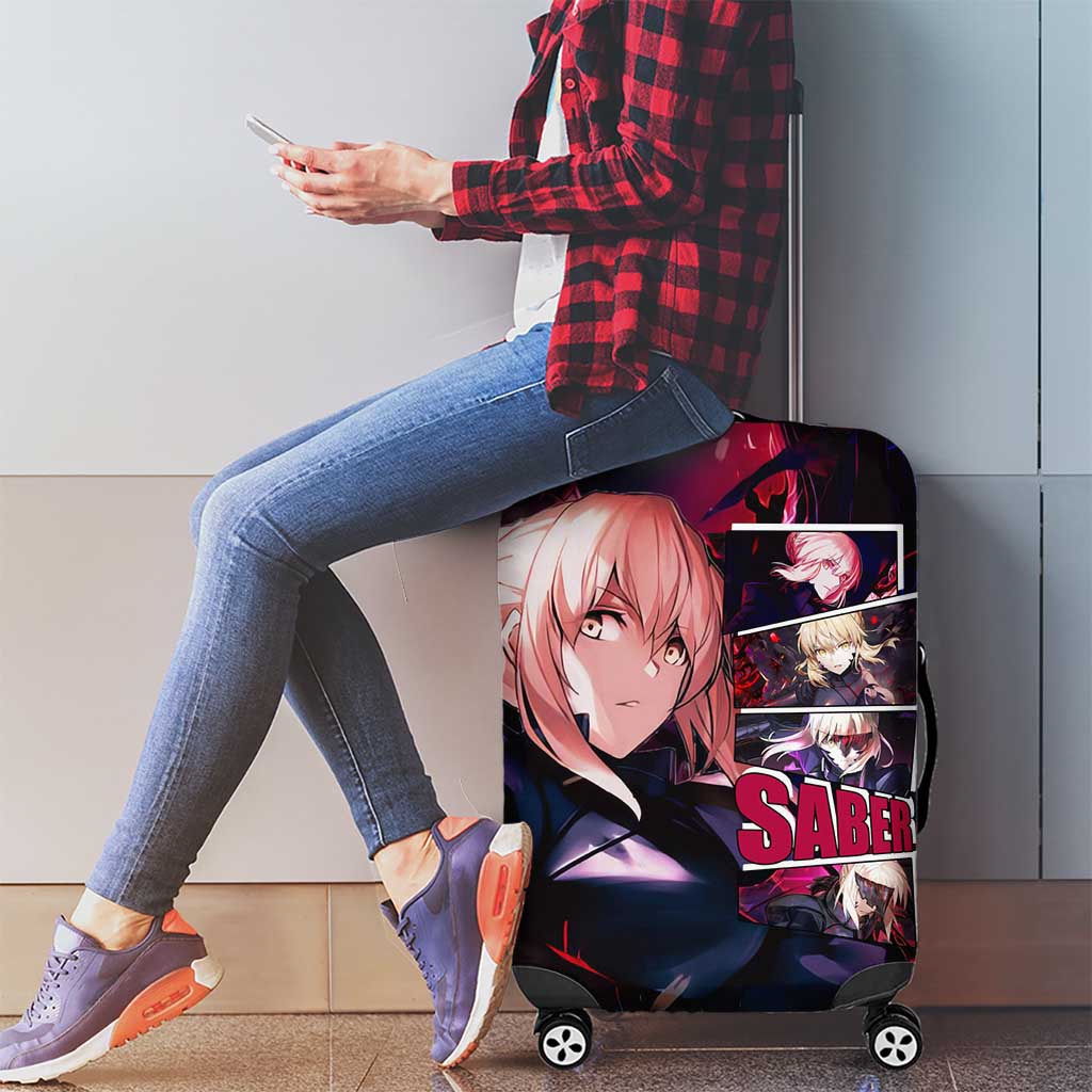 Saber Artoria Pendragon Dark Armor Theme Luggage Cover with Red and Purple Abstract Background Design - The Mazicc