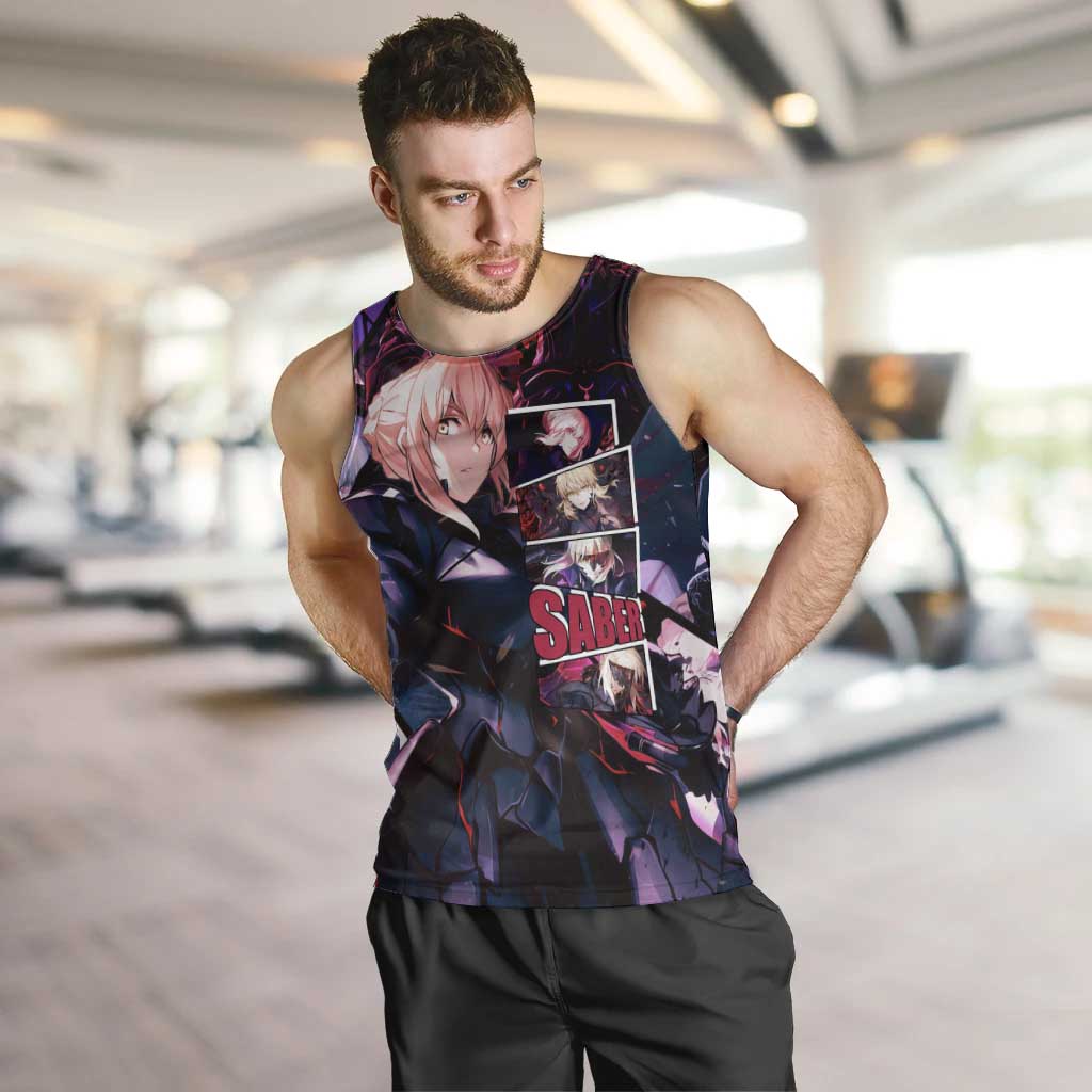 Saber Artoria Pendragon Dark Armor Theme Men Tank Top with Red and Purple Abstract Background Design - The Mazicc