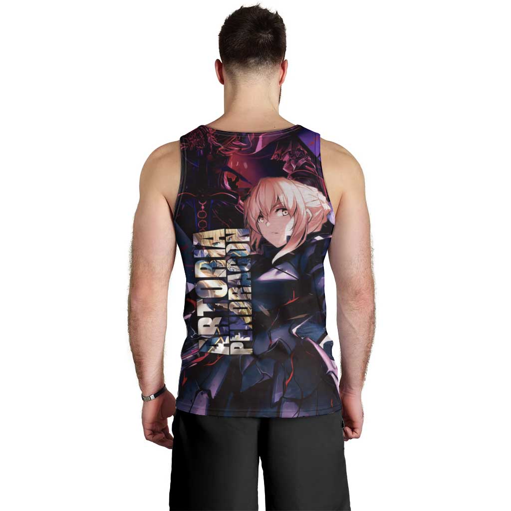 Saber Artoria Pendragon Dark Armor Theme Men Tank Top with Red and Purple Abstract Background Design - The Mazicc