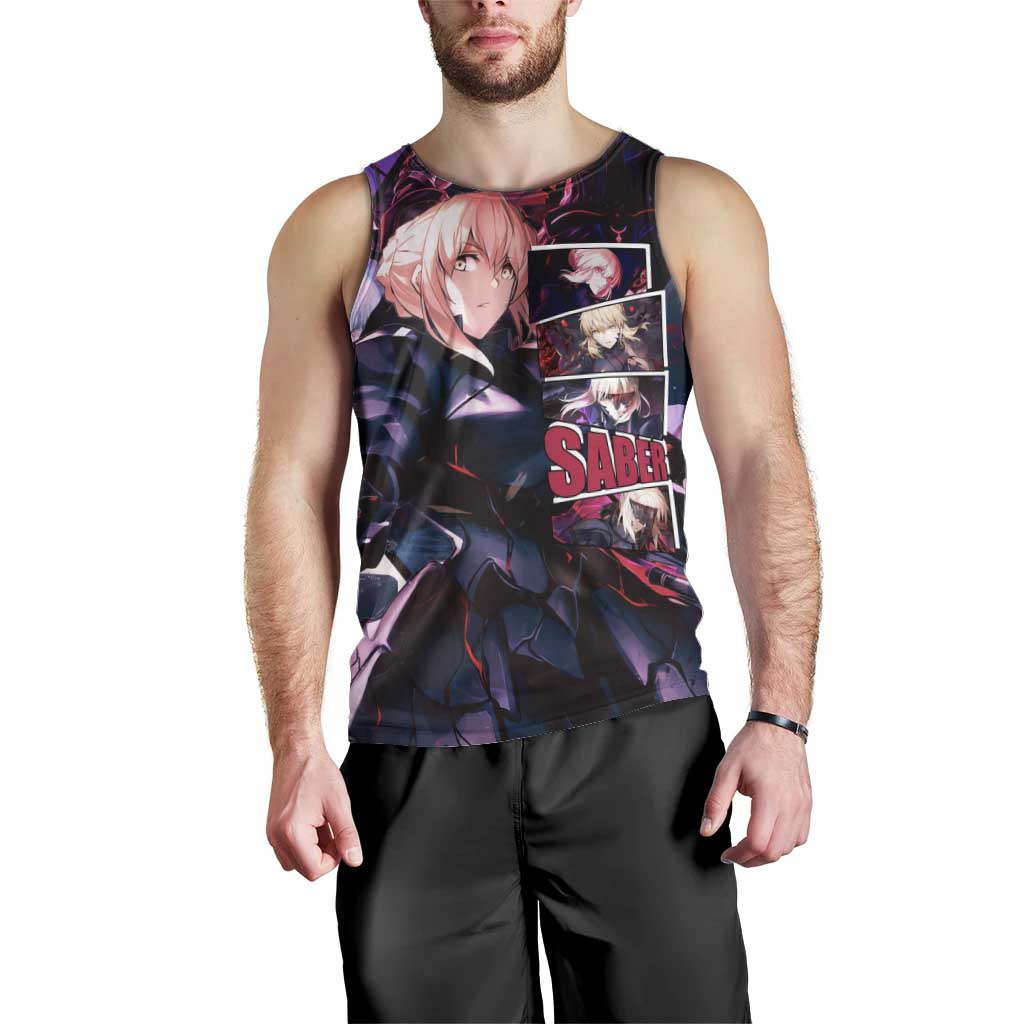Saber Artoria Pendragon Dark Armor Theme Men Tank Top with Red and Purple Abstract Background Design - The Mazicc