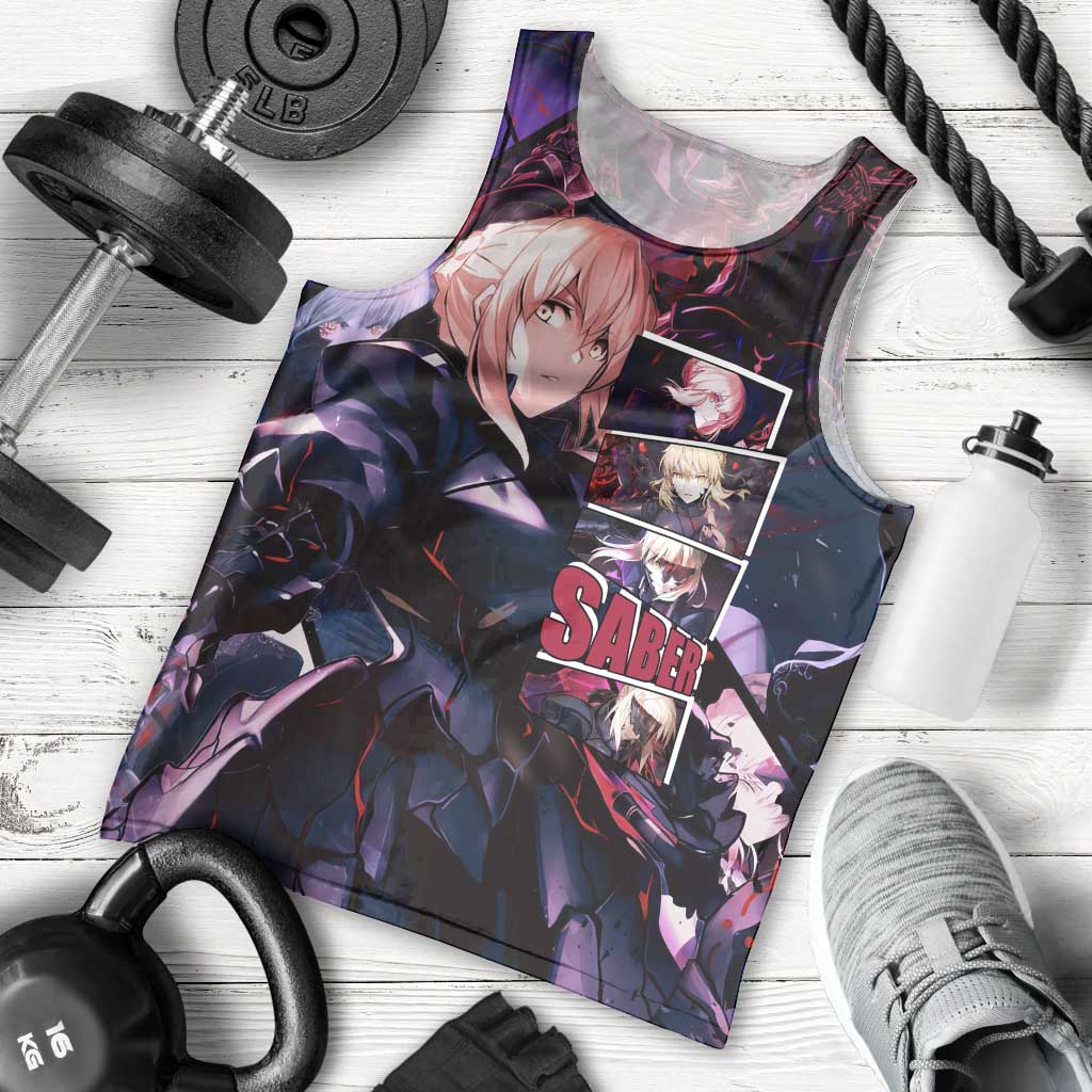 Saber Artoria Pendragon Dark Armor Theme Men Tank Top with Red and Purple Abstract Background Design - The Mazicc