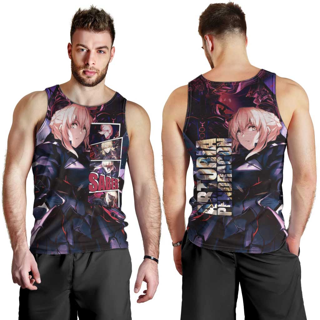 Saber Artoria Pendragon Dark Armor Theme Men Tank Top with Red and Purple Abstract Background Design - The Mazicc