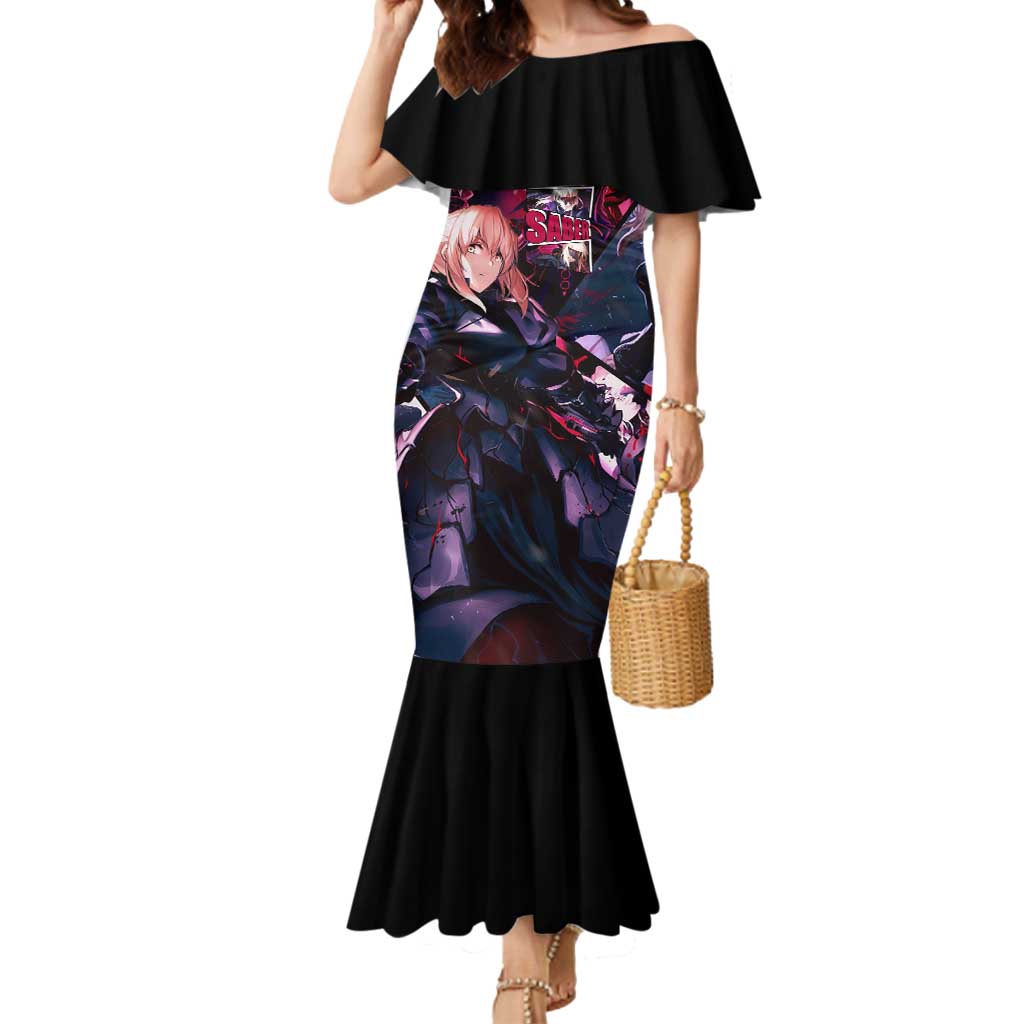 Saber Artoria Pendragon Dark Armor Theme Mermaid Dress with Red and Purple Abstract Background Design - The Mazicc