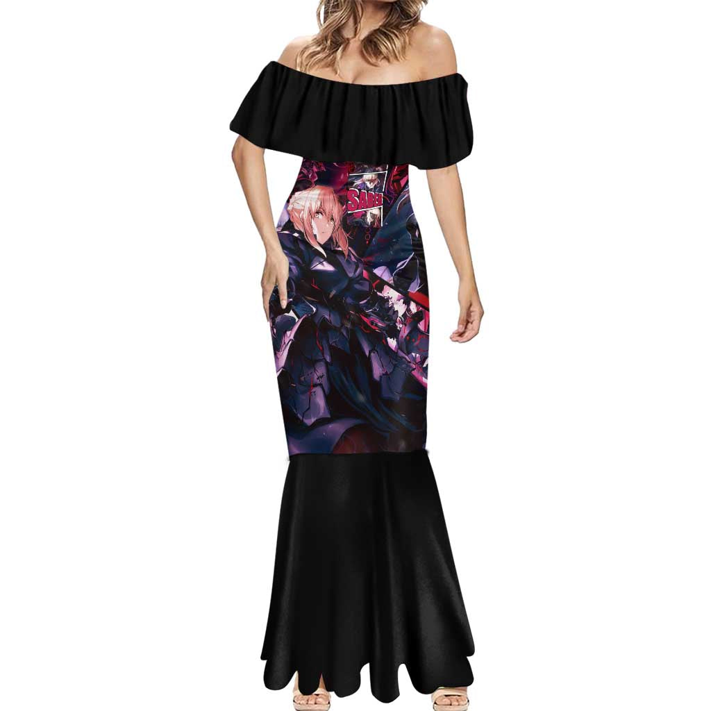 Saber Artoria Pendragon Dark Armor Theme Mermaid Dress with Red and Purple Abstract Background Design - The Mazicc